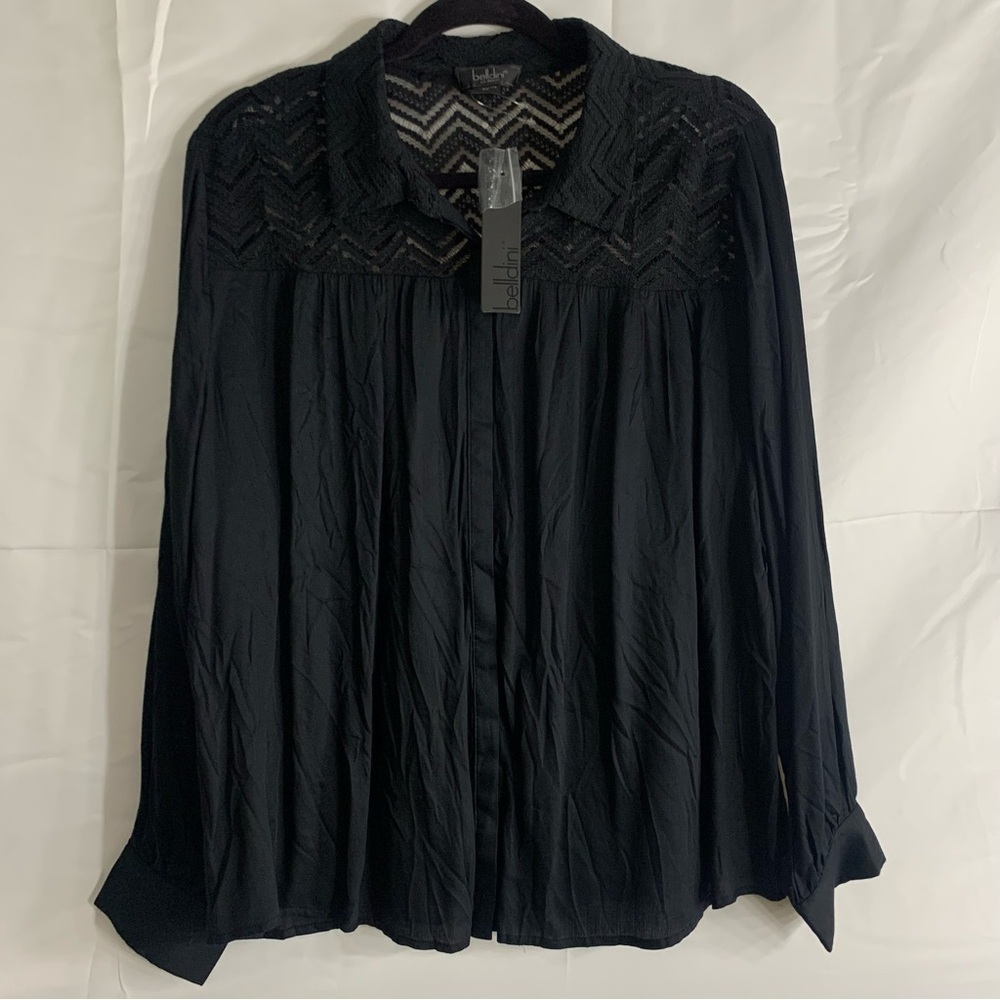 NWT Belldini Black Sheer Chevron Lace Shoulder Flowy Lightweight Blouse, size 2X